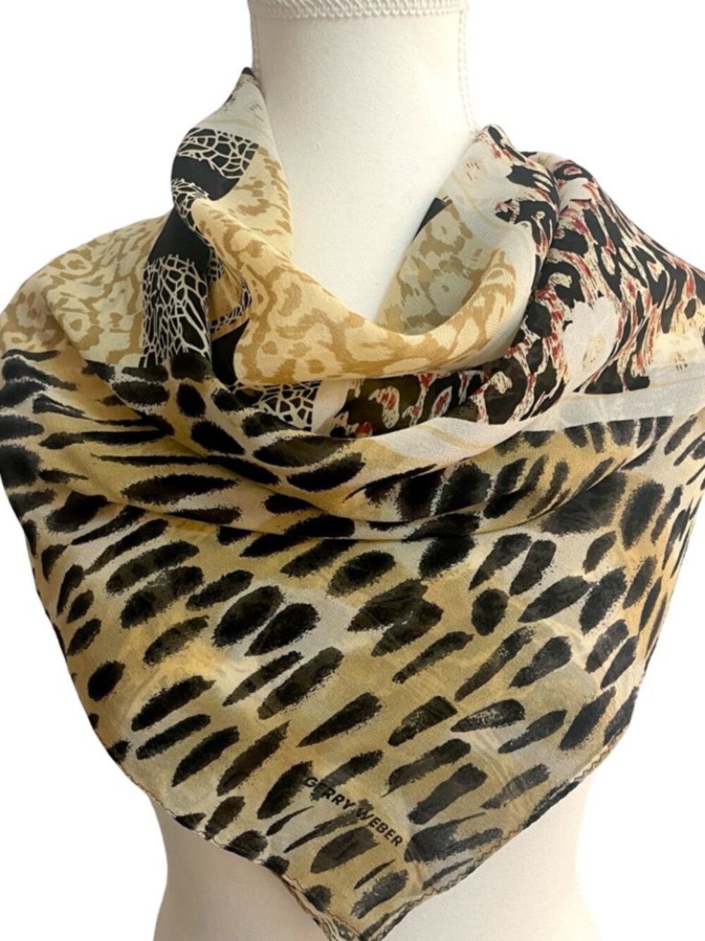 Gerry Weber 100% Silk Animal Print Scarf Brown Beige Patchwork 33" x 32"